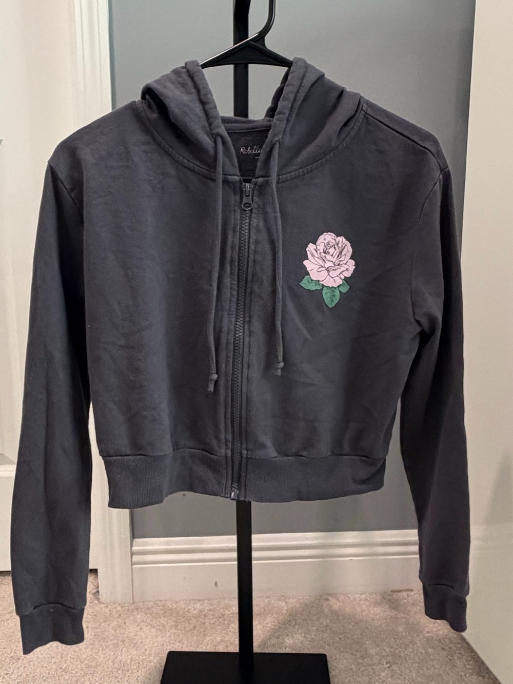 Rebellious One Charcoal Bomber Hoodie with Pink Rose